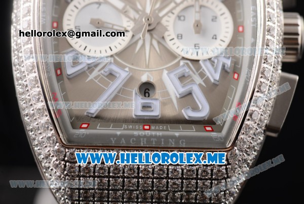 Franck Muller Vanguard Miyota OS20 Quartz Steel Case with Champagne Dial Black Leather Strap and White Subdials Diamonds Bezel - Click Image to Close